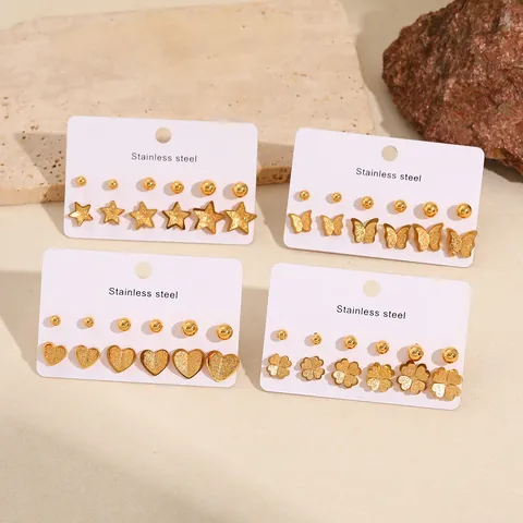 Ensemble de Boucles d'Oreilles Clous en Acier Inoxydable pour Femmes Plaqué Or Argent Coeur Étoile Papillon Lune Strass Bijoux