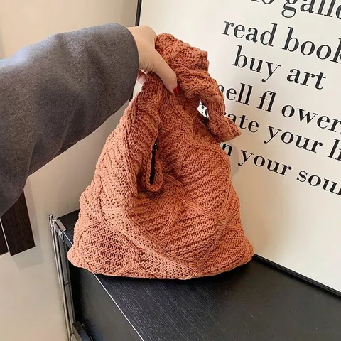 Women Knitted Tote Bag Large Capacity Diamond Lattice Cable Knit Shoulder Bag Vintage Casual Shopper Commuter Bag