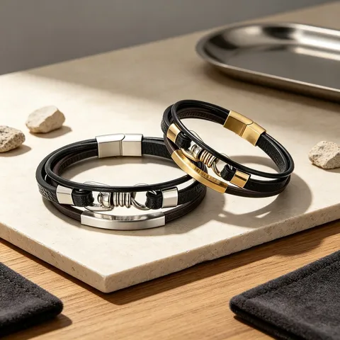 Heren Meerdere Laag Gevlochten Leren Armband Titanium Staal Magnetische Gesp Street Style Sieraden