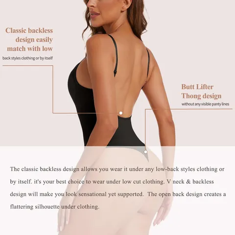 Women Seamless Shapewear Bodysuit Backless Thong Body Shaper Tummy Control Butt Lifter V Neck Adjustable Straps Jumpsuit