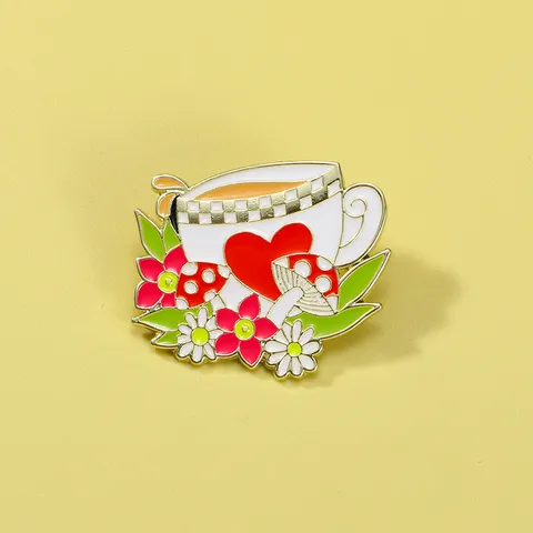 Cute Cartoon Alloy Enamel Brooch Pin Colorful Teacup Heart Mushroom Badge Lapel Pin For Clothes Scarf Decoration Gift Women Men Jewelry