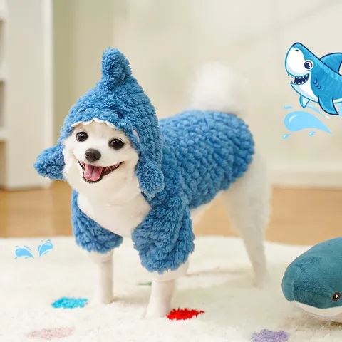 Cute Shark Pet Clothes Thickened Warm Winter Dog Cat Costume Hooded Fleece Apparel For Small Medium Dogs