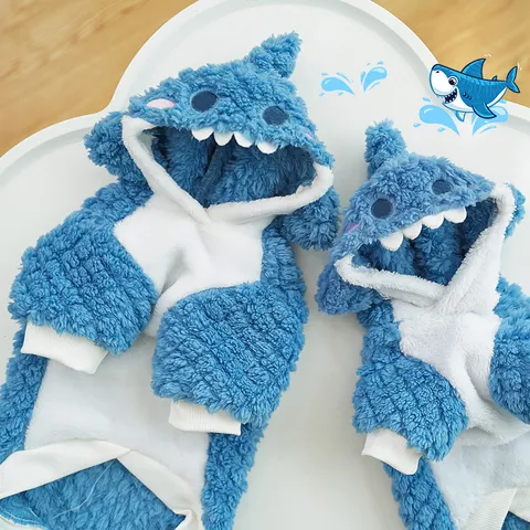 Cute Shark Pet Clothes Thickened Warm Winter Dog Cat Costume Hooded Fleece Apparel For Small Medium Dogs