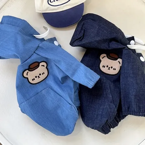 Chaqueta con Capucha de Denim para Mascota Lindo Oso Bordado Otoño Invierno Abrigo Cálido para Perros Pequeños y Gatos
