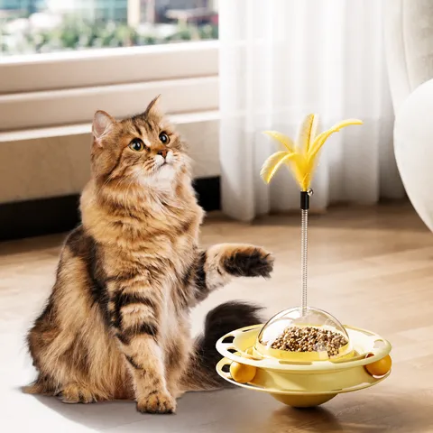 Interactive UFO Tumbler Cat Toy Turntable with Feather Teaser and Slow Feeder