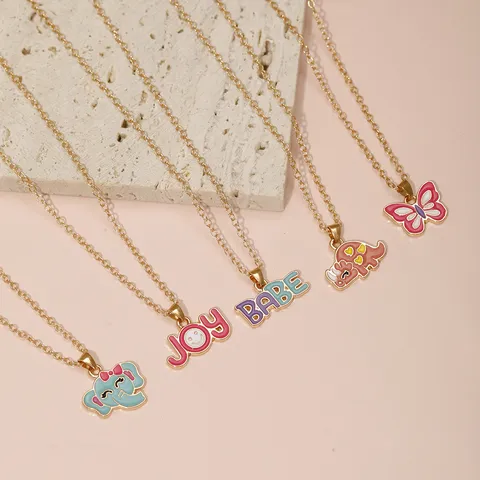 Schattige Cartoon Dier Hanger Ketting Voor Kinderen Goud Schakelketting Emaille Druppel Vlinder Dinosauriër Hanger Ketting Meisjes Sieraden Cadeau