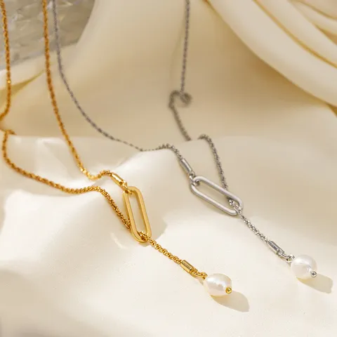 Collana a Catena Lunga per Maglione in Ottone con Perla Barocca Vintage per Donna Chiusura a T Placcata Oro Argento Gioielli di Moda