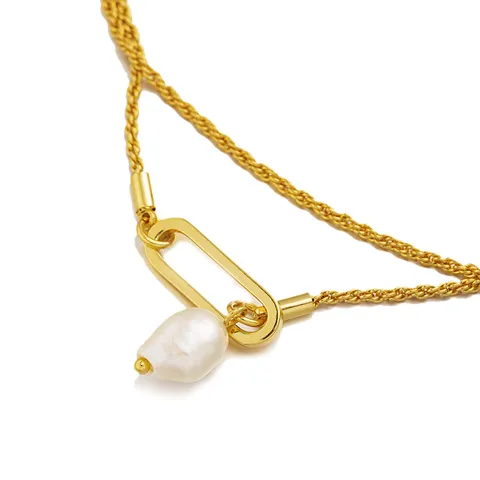 Collana a Catena Lunga per Maglione in Ottone con Perla Barocca Vintage per Donna Chiusura a T Placcata Oro Argento Gioielli di Moda