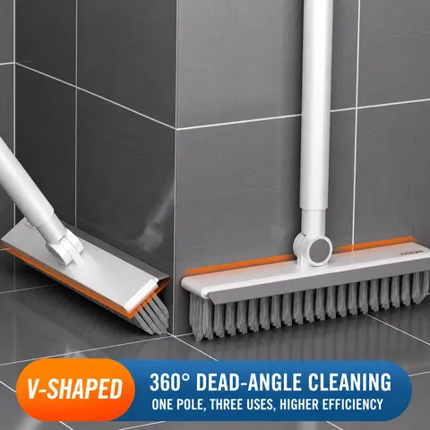 Long Handle Floor Scrub Brush With V-Shape Bristles And Squeegee Bathroom Tile Gap Cleaning Tool For Household Floor Wall Cleaning
