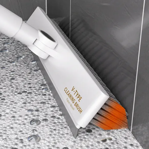 Long Handle Floor Scrub Brush With V-Shape Bristles And Squeegee Bathroom Tile Gap Cleaning Tool For Household Floor Wall Cleaning