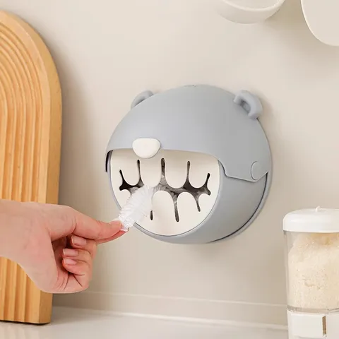 Distributore di Pellicola Trasparente da Muro Forma di Orsetto Carino Scatola di Conservazione per Sacchetti della Spazzatura Organizer per Sacchetti di Plastica da Cucina