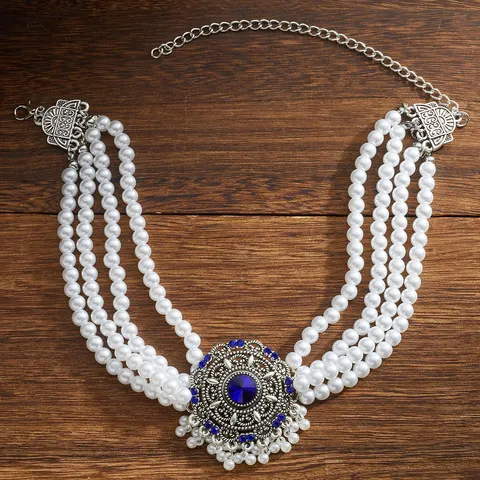 European Retro Palace Style Multi-layer Artificial Pearl Necklace Women Alloy Rhinestone Crystal Choker Jewelry