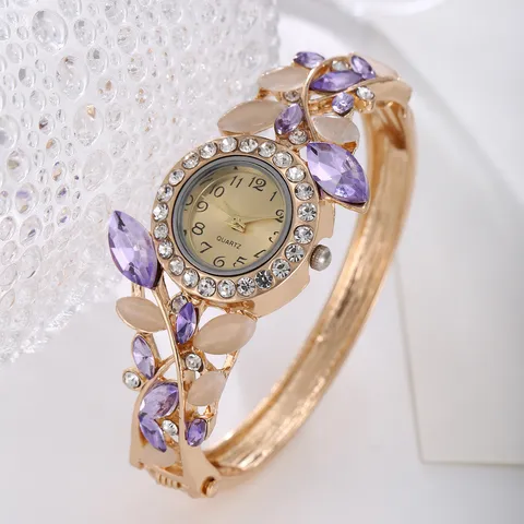 Elegant Women's Quartz Bangle Watch Alloy Inlaid Rhinestone Leaf Design Fashion Wristwatch For Ladies Party Decorative Jewelry Gift