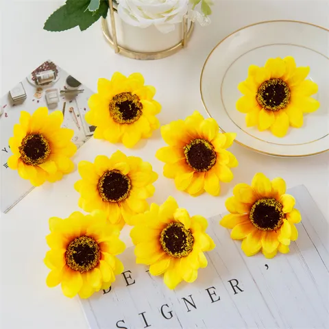 Artificial Sunflower Heads Silk Flower Yellow Small Sun Flowers For Wedding Garland DIY Craft Home Party Decoration