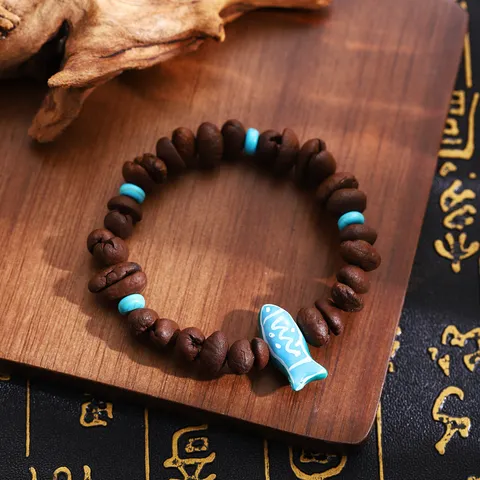 New Chinese Style Retro Wooden Beaded Bracelet Coffee Bean Blue Fish Pendant Handmade Jewelry