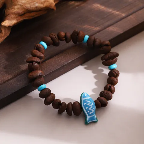 New Chinese Style Retro Wooden Beaded Bracelet Coffee Bean Blue Fish Pendant Handmade Jewelry