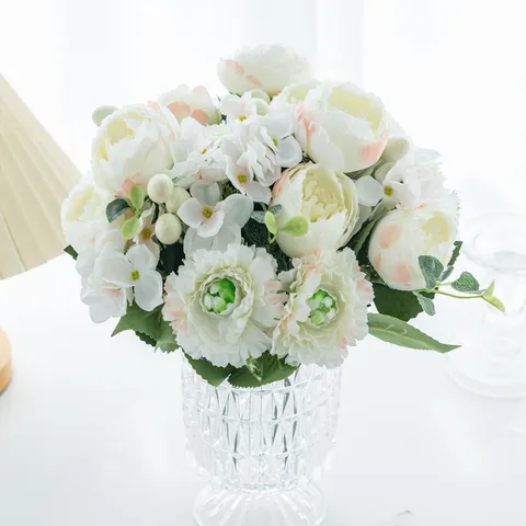 Artificial Flower Bouquet Silk Rose Peony Arrangement With Glass Vase Home Living Room Table Dining Decorative Ornament