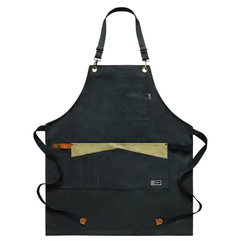 Tablier de Travail en Toile Bloc de Couleur Tour de Cou Réglable Cuisine Chef Barbier Uniforme de Café avec Plusieurs Poches