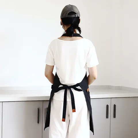 Tablier de Travail en Toile Bloc de Couleur Tour de Cou Réglable Cuisine Chef Barbier Uniforme de Café avec Plusieurs Poches
