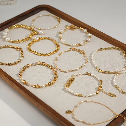 Braccialetto in Rame con Perle a Doppio Strato Vintage Francese Elegante Lusso Leggero Catena Placcata in Oro Gioielli da Mano Regalo Per Donne