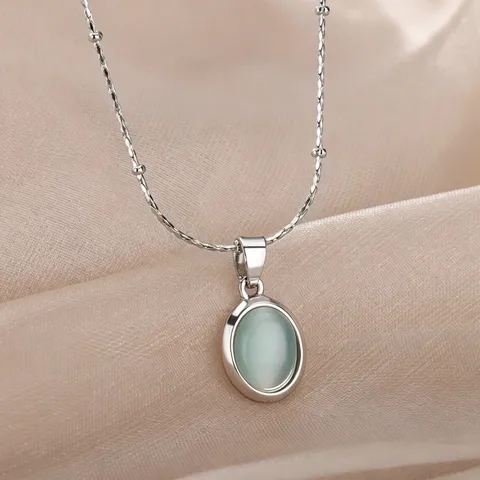 Minimalist 304 Stainless Steel Oval Cat's Eye Pendant Necklace Women Light Luxury Clavicle Satellite Bead Chain Jewelry