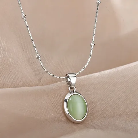 Minimalist 304 Stainless Steel Oval Cat's Eye Pendant Necklace Women Light Luxury Clavicle Satellite Bead Chain Jewelry
