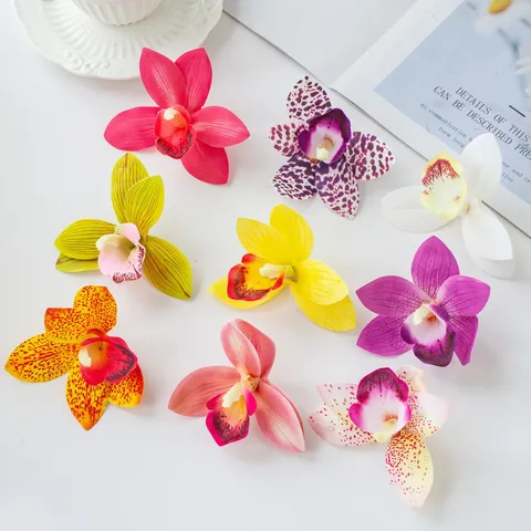 Kunstmatige Cymbidium Orchidee Bloemhoofdjes Zijden Stof Bloemen Voor Taart Dessert Tafel Decor Etnische Hoofdtooi
