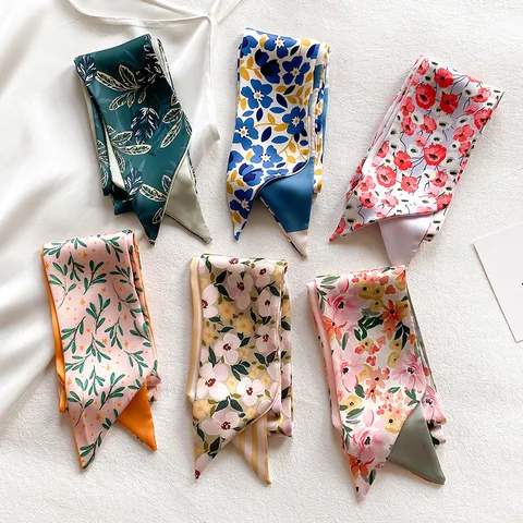 Bloemen Zijden Sjaal Lint Vrouwen Mode Lang Smal Nek Sjaal Multifunctionele Tas Lint Haarband Decoratieve Sjaal