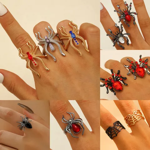 Gothic Punk Rhinestone Spider Ring For Women Halloween Zinc Alloy Exaggerated Animal Shape Finger Jewelry Accessories
