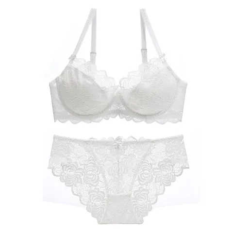 Conjunto de Lencería Sexy de Encaje para Mujer Transparente Minimizer Sujetador Top And Bottom Con Lazo Bordado de Flores para Citas Diarias