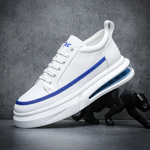Men's Fashion Air Cushion Skate Shoes White Color Block Casual Sneakers Microfiber Leather Soft Sole Breathable Athletic Shoes