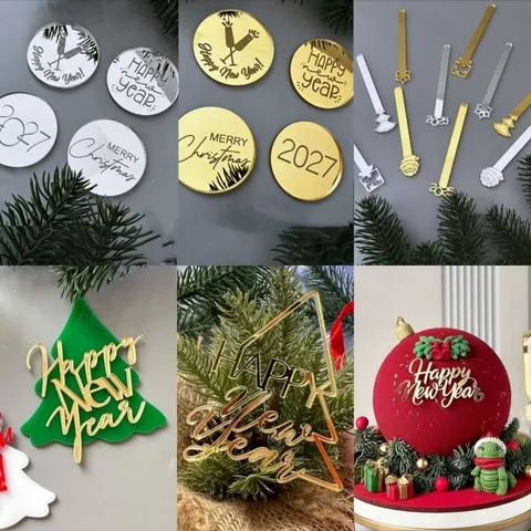 Acryl Kerst Taarttopper Spiegel Goud Zilver Gelukkig Nieuwjaar Kerstboom Cupcake Toppers Feest Dessert Decoratie Benodigdheden