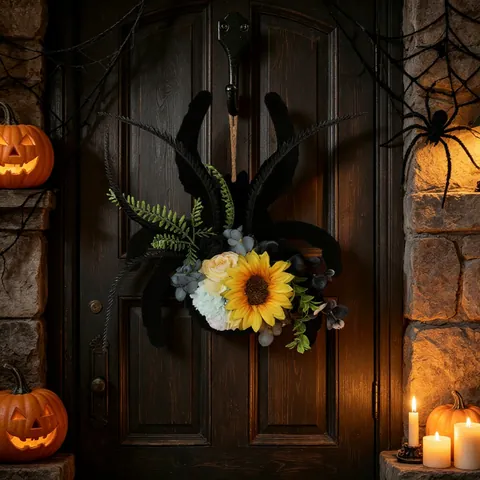 Halloween Spin Krans Met Zonnebloem En Kunstbloemen Gotische Zwarte Spin Hangende Decoratie Voor Deur Muur Huis Feest Versiering