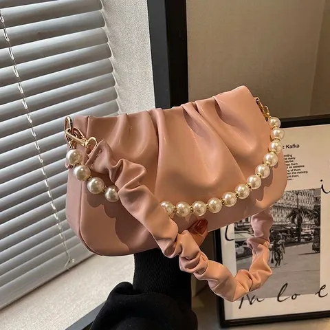 Borsa a Nuvola Piegghettata di Lusso per Donna Catena di Künstliche Perle Borsa a Spalla in Pelle PU Elegante Borsa a Tracolla Moda Viaggio