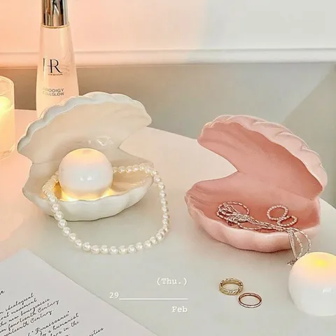 Creative Ceramic Seashell Jewelry Box Desktop Ornament Pearl Night Light Storage Tray For Home Bedroom Gift