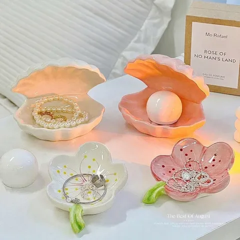 Creative Ceramic Seashell Jewelry Box Desktop Ornament Pearl Night Light Storage Tray For Home Bedroom Gift