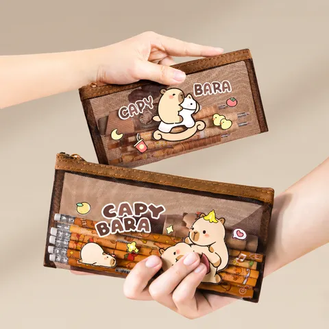 Leuke Capybara Transparante Mesh Federmäppchen Grote Capaciteit Cartoon Student Stationery Opslag Pouch Rits Etui