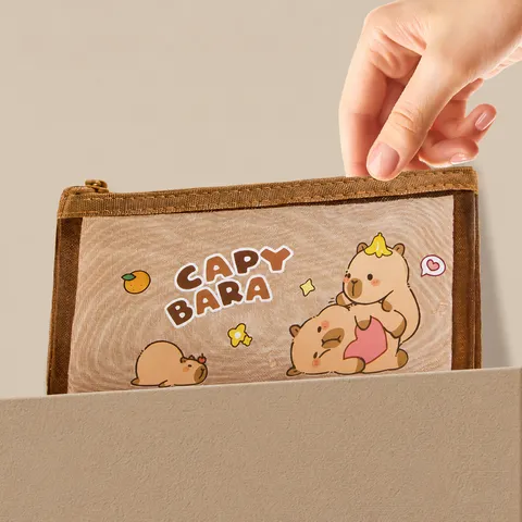 Leuke Capybara Transparante Mesh Federmäppchen Grote Capaciteit Cartoon Student Stationery Opslag Pouch Rits Etui