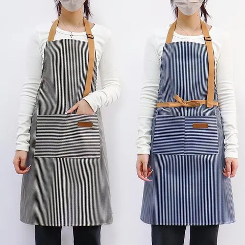 Waterproof Canvas Striped Kitchen Apron Halter Neck Cooking Baking Aprons With Pockets Adjustable Straps For Women Men