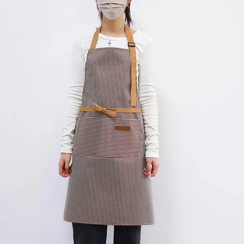 Waterproof Canvas Striped Kitchen Apron Halter Neck Cooking Baking Aprons With Pockets Adjustable Straps For Women Men