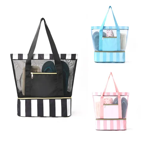 Bolsa de Playa Doble Capa Gran Capacidad Portátil Malla Viaje Impermeable Traje de Baño Almacenamiento Vacaciones