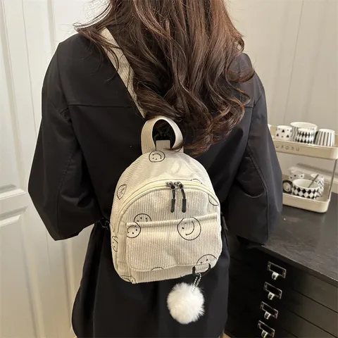 Korean Style Mini Corduroy Backpack Cute Smiley Face Print Casual Commuter School Bag For Women Daily Travel