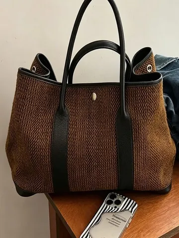 Women Large Capacity Tote Bag Woolen Fabric And PU Leather Splicing Casual Retro Handbag Fashion Shoulder Bag