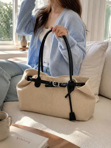 Bolso Tote de Mezclilla de Gran Capacidad Vintage para Mujer Bolso Casual con Costuras Moda Bolso de Hombro Trabajo Diario