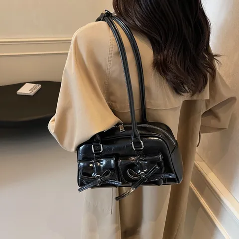 Mujer Moda PU Cuero Bolso de Hombro Estilo Ballet Lazo Bolso Achseltasche Color Sólido Cremallera Bolso Bandolera
