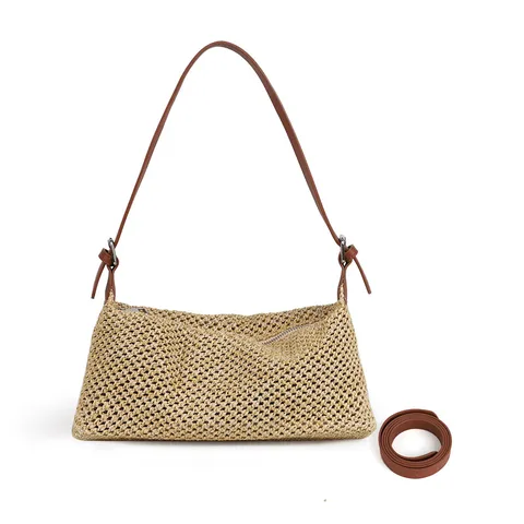 Bolso de Hombro Vintage Tejido de Paja para Mujer Cuero PU Bolso de Axila Casual Playa de Vacaciones
