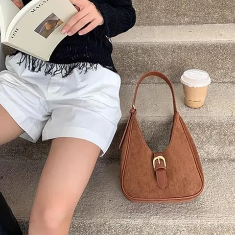 Bolso de Hombro de Ante Vintage para Mujer Gran Capacidad Bolso de Axila de Media Luna Bolso Casual