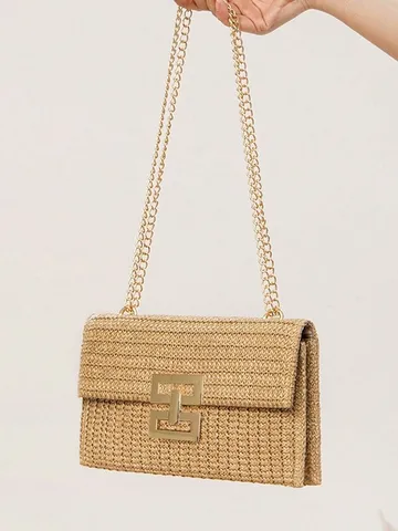 Bolso de Hombro de Paja Tejida para Mujer Multicompartimento Cadena Bolso Cruzado Estilo Vacaciones Cierre Girevole Bolso Femenino