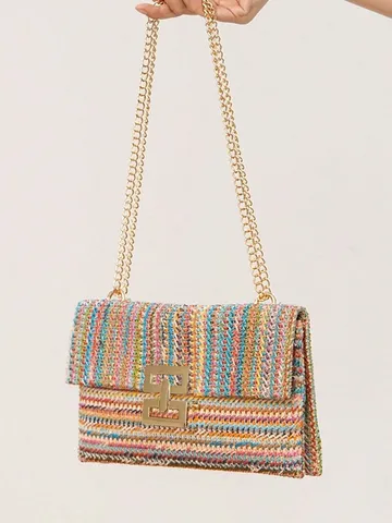 Bolso de Hombro de Paja Tejida para Mujer Multicompartimento Cadena Bolso Cruzado Estilo Vacaciones Cierre Girevole Bolso Femenino