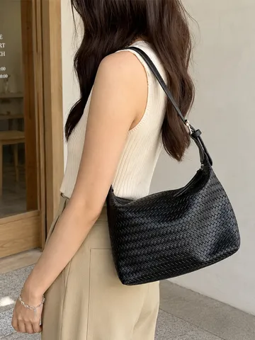 Bolso Tote de Cuero PU Tejido de Gran Capacidad para Mujer Bolso Bandolera Casual de Commuter Bolso de Moda